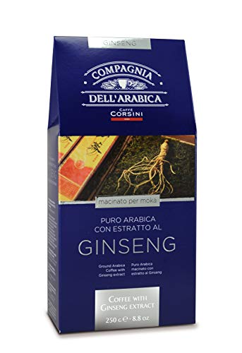 Caffè Corsini - Compagnia dell'Arabica Caffè Moka all'Estratto di Ginseng, Macinatura per Moka, Caffè Espresso Italiano e Bevanda Energizzante - Confezione sottovuoto da 250 grammi