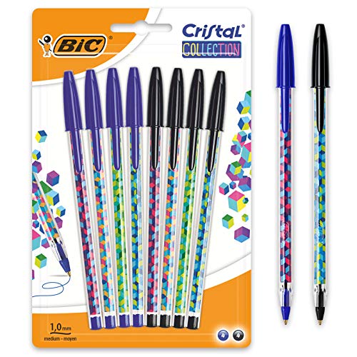 BIC Cristal Collection - Penna a sfera a punta media (1, 0 mm), confezione da 8, colore: Nero/Blu
