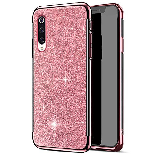 Robinsoni Cover Compatibile con Xiaomi CC9E Custodia Flessibile Xiaomi CC9E Cover Silicone TPU Brillante Glitters Cover Luminosa 360 Gradi Custodia Gomma Ultra Morbido Cover,Oro Rosa