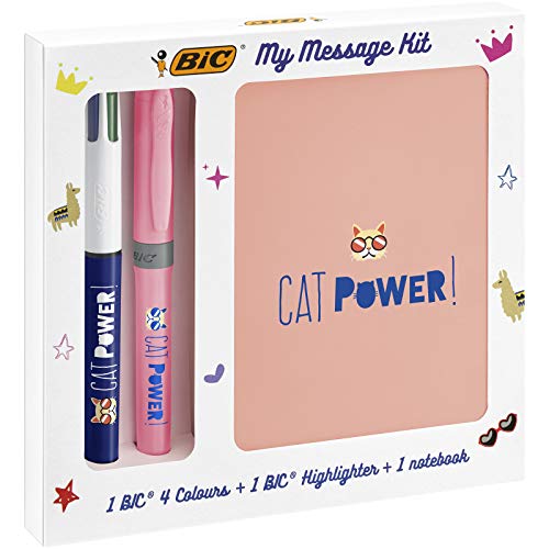 BIC 997979 My Message Kit Catpower Set di Cancelleria con 1 Penna a Sfera BIC 4 Colours, 1 Penna Evidenziatore BIC Highlighter Grip Pastel Rosa, 1 Taccuino Bianco A6, Confezione da 3 Pezzi
