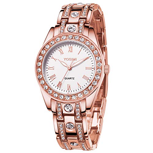 Orologio da donna YOSIMI con display analogico e cinturino in oro rosa stile lussuoso a forma tonda con cristalli di cristalli e lancette luminose impermeabili