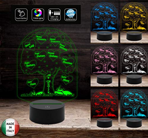 ALBERO GENEALOGICO personalizzato Lampada led 7 colori selezionabili con touch Luce da notte FAMIGLIA per bambini