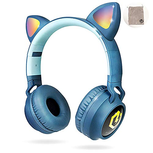 PowerLocus Cuffie Bluetooth per Bambini, Senza-Fili Cuffie Over-Ear, Limitatore audio a 85 dB, con orecchie LED, Pieghevole, Con Microfono, Micro SD, Sacchetto da Trasporto per iPhone,Samsung,PC,TV