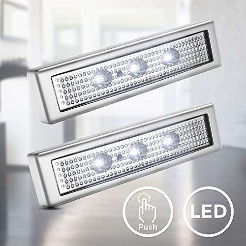 Lampade LED adesive a batterie, set di 2, accensione a pressione, Luci da parete o sottopensili, LED integrati, luce fredda, batterie AAA non incluse, per armadio, vetrinetta, ripostiglio, garage