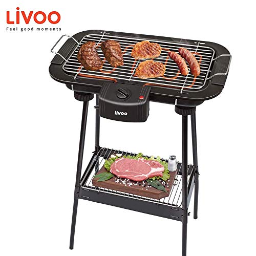 Potente Grill BBQ Elettrico Senza Fumo con Piedistallo e Termostato regolabile da 2000W – Grande barbecue bistecchiera griglia elettrica da tavolo piedi supporto stand removibile piastra DOC204