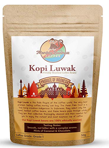 Monkey Business Coffee - Chicchi Di Caffè Macinato Kopi Luwak Selvatici - 50 Grammi (Altri Pesi E Tipi Di Fagioli Disponibili) - Sourced Sostenibile (Dall'indonesia)