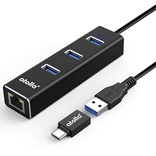 Atolla Adattatore USB Ethernet, Hub USB 3.0 in Alluminio 3 Porte USB SuperSpeed Trasmissione Dati e Adattatore LAN 1000 Mbps Gigabit Ethernet RJ45, con Convertitore USB C