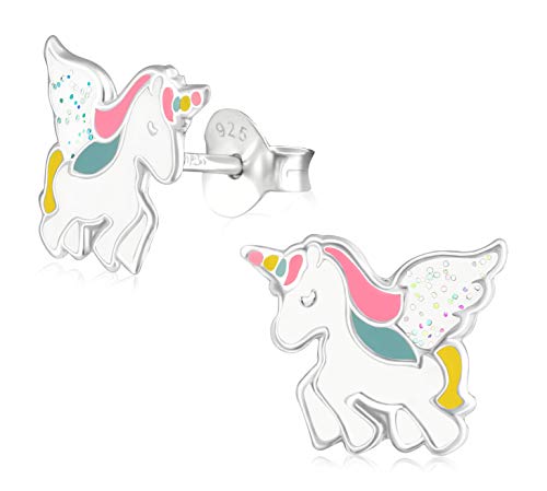 Laimons- Orecchini a perno per bambine e ragazze, unicorno rosa, colore:bianco, con glitter colorati, in argento Sterling 925.