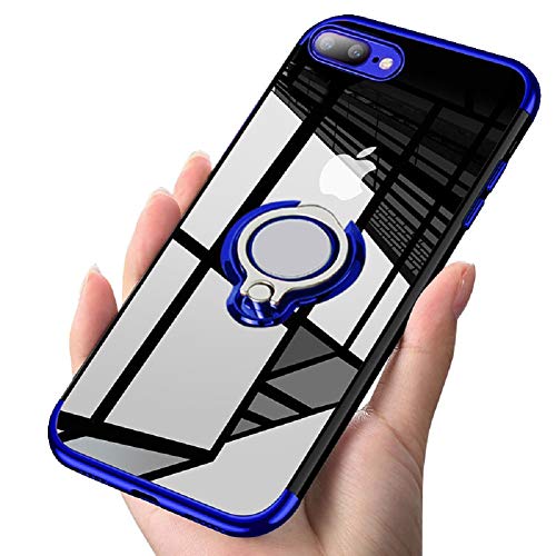 kadixini Custodia Cover per iPhone 7 Plus Trasparente Morbido TPU Protettivo Sottile Case 360° Ring Regolabile Anello Magnetica Supporto Silicone Custodia Antiurto Compatibile iPhone 7plus/8plus Blu