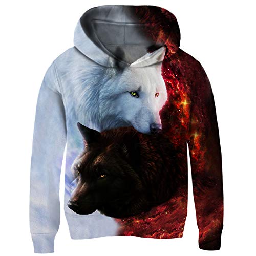 RAISEVERN Felpa con Cappuccio 3D Stampata Lupo Bianco e Nero per Ragazzi Felpa con Collo Tondo Manica Lunga da Ragazzo Pullover con Cappuccio Cartone Animato con Tasche