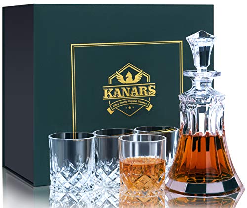 KANARS Bottiglie e Bicchieri whisky, Decanter da Whiskey Cristallo, 550ml Bottiglia con 4x 300ml Bicchieri, Set di 5 Pezzi, Bellissimo Regalo
