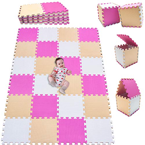 MSHEN 24 Foglio Tappeto Puzzle con Certificato CE e Certificazione in Soffice Schiuma Eva | Tappeto da Gioco per Bambini | Tappetino Puzzle...dimensione1.94 mq,bianco-rosa-beige-ACJg24