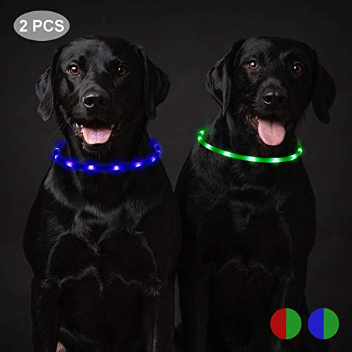 Toozey 2 PCS LED Collare Luminoso per Cani per 20 Ore di Luce Continua Impermeabile, Ricaricabile USB Striscia di Luce Collare di Sicurezza Notturna Tagliabile - 3 Mode (Verde e Blu)