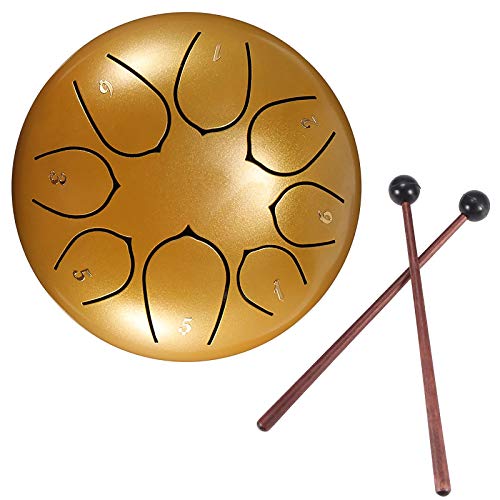 Konesky Steel Pan Steel Tongue Drum Tamburo a Percussione a Mano da 6 Pollici 8 Tune Etereo con Borsa per Il Trasporto, 2 Bacchette, Libretto di Esercitazione, 4 Scelte per le Dita, Oro