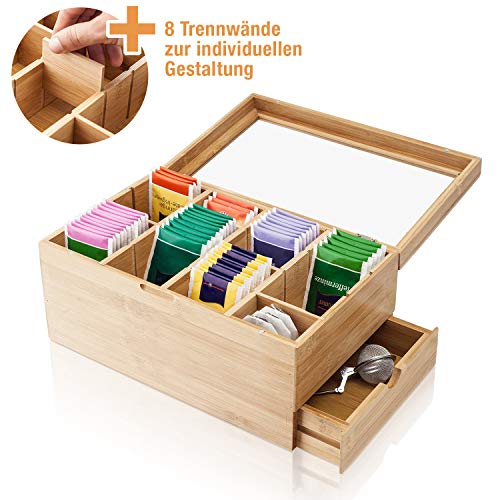 Amazy Scatola porta tè in bambù (8 SCOMPARTI + CASSETTO LATERALE) – Contenitore Bustine tè in vero legno di Bambù con scompartimento laterale per accessori da te e tisane, 31x19x14,5cm