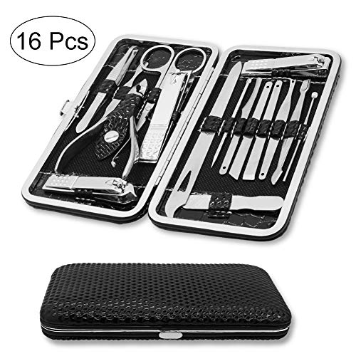 Miriqi 16 Pcs Pedicure Manicure Set Tagliaunghie Set，Professionale Manicure & Pedicure Set in Acciaio Inox Forbici per Unghie di Viaggio e Toelettatura Kit Manicure Set (nero)