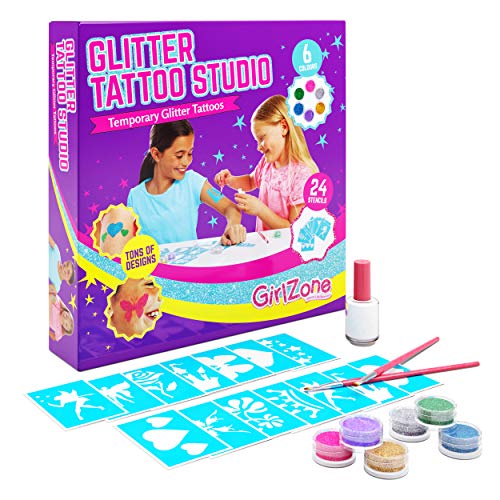 GirlZone Regalo Ragazza - Glitter Tattoo Studio, Set Tatuaggi Glitter Bambina - Set 33 Pezzi con Glitter per Tatoo, Stencil, Tatuaggi Riutilizzabili & Pennelli