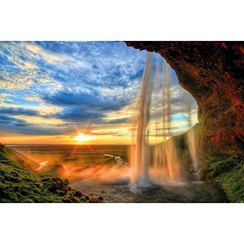 GREAT ART Photo Carta da Parati – Tramonto in un Parco – Naturale Decorazione Seljalandsfoss Cascata Islanda Paesaggio Natura Waterfall Sunset – 210 x 140 cm 5 pezzi e colla