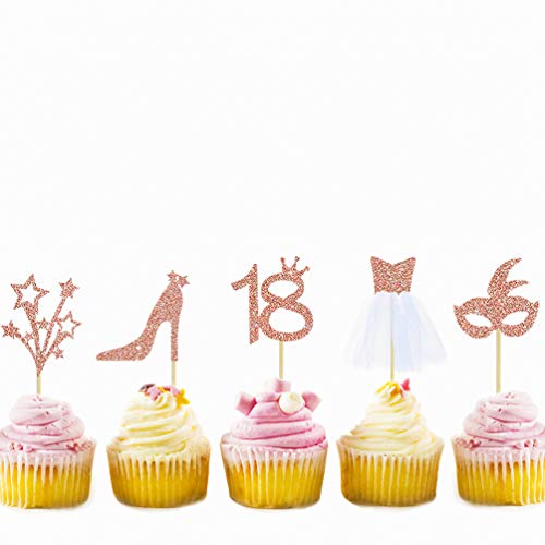 32 decorazioni per cupcake in tulle 3D con glitter color oro rosa con figura 18, maschera, tacco alto, stelle, decorazioni per cupcake per diciotto feste di compleanno