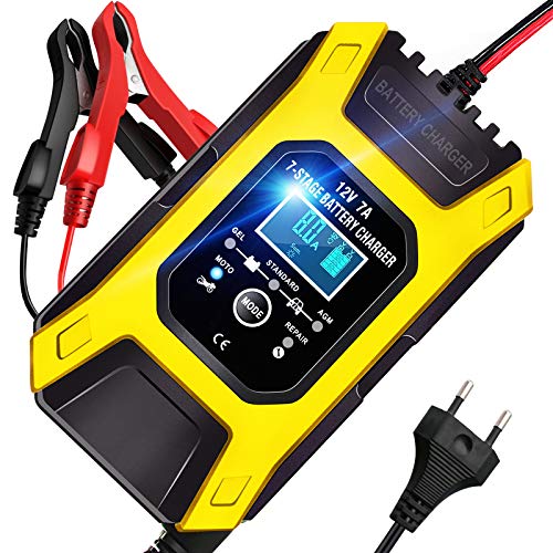 AOKBON Mantenitore di Carica Auto 12V 7A Caricabatterie Auto Moto con Schermo LCD 7 stadi di Carica Multi Protezioni Intelligente Automatico Caricabatteria Adatto per Auto Moto Barche