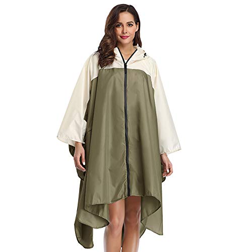 Cappotto Impermeabile Poncho Pioggia Cappotto Colorblock con Cappuccio(Marrone Scuro e Bianco Crema)