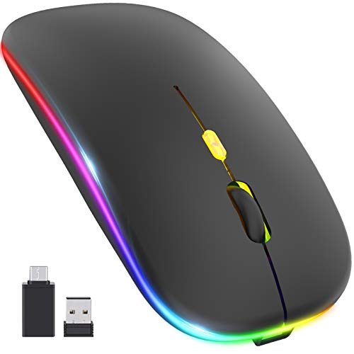 PASONOMI Mouse Wireless Ricaricabile Mouse Silenzioso Con luce LED Ricevitore USB di tipo C per PC, Laptop, Mouse Senza Fili da Viaggio Portatile (Nero)