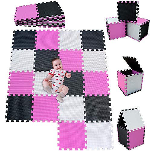 MSHEN Tappeto Puzzle con Certificato CE e Certificazione in Soffice Schiuma Eva | Tappeto da Gioco per Bambini | Tappetino Puzzle...dimensione1.62 mq,bianco-rosa-nero-010304g18