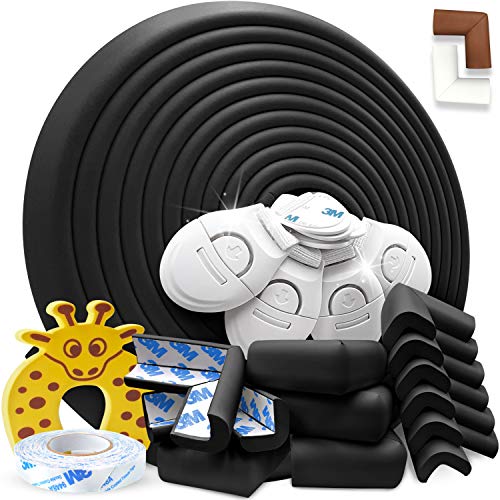 DEASANA® Paraspigoli Bambini Angolari Gomma Kit Sicurezza Casa 2a Generazione 7+ Metri Totali Protezione Spigoli 8 Angoli Rotolo Paracolpi, Fermaporta, 4 Chiusure Blocca Cassetti, Certificato [Nero]