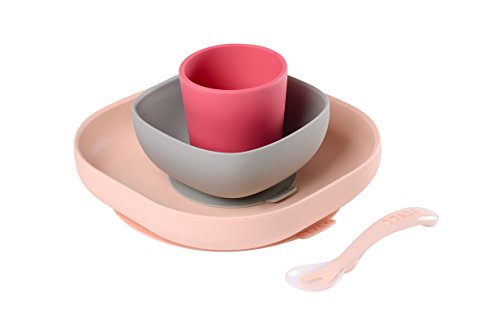 Béaba Set Pranzo in Silicone con Robusta Ventosa, Composto da 4 Pezzi, Piatto, Ciotola, Tazza e Cucchiaio in Silicone di Alta Qualità, per Neonati e Bambini, Rosa