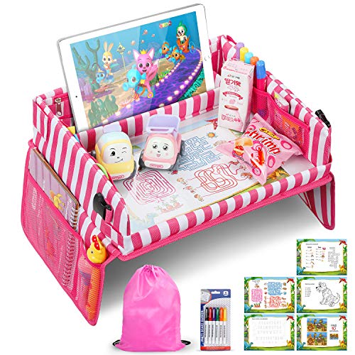 Jojoin Vassoio da Viaggio per Bambini, Pieghevole e Regolabile Travel Snack e Play Tray da Viaggio con 5 Carte da Disegno e 6 Penne di Diversi Colori (Strisce Rosa)