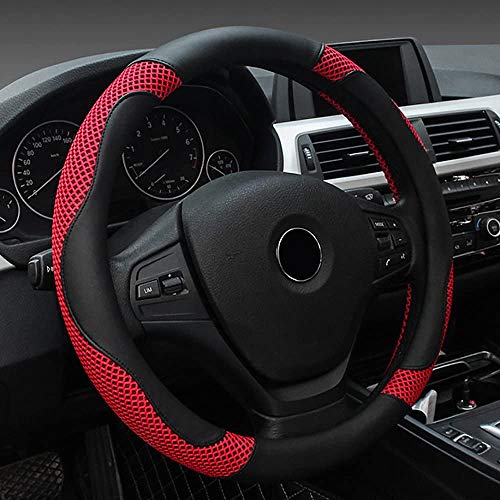 FREESOO Coprivolante universale in pelle per auto, furgoni, camion e SUV (38 centimetri-15 pollici) Nero + Rosso