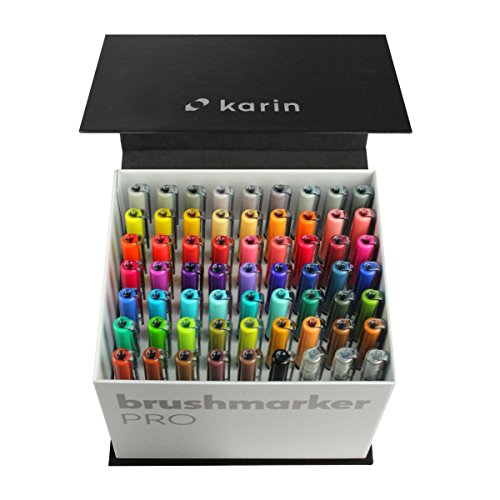 Karin Mega Box Brush Marker Pro brushpens su base d' acqua ideale per colorare, disegnare e lettering a mano multicolore, 63 Pezzi