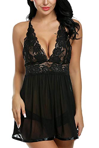 Tuopuda Lingerie Donna Sexy Stampa Pizzo con Scollo a V Erotico Sleepwear Donne Babydoll e G-String Set Camicia da Notte in Pizzo Pigiama Vestaglia Spalline Incrociate Regolabili