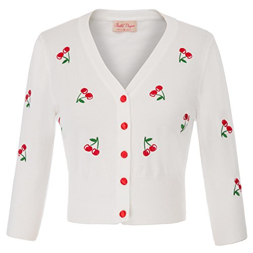 Belle Poque Cardigan da Donna con Ricamo a Tre Quarti di Tope Cherries, Anni '50, Anni '60, con Motivo Floreale, Shrug Floral-2 (609-2) XX-Large