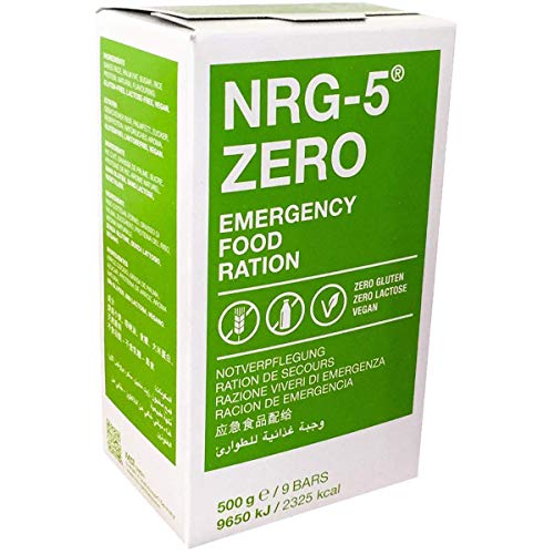 Vivande d’emergenza NRG-5 ZERO, senza glutine, per sopravvivenza. Quantità: 500 g. Per outdoor. Razione di emergenza | 9 barrette di cibo di sopravvivenza, per spedizioni. Dotazione base come EPA