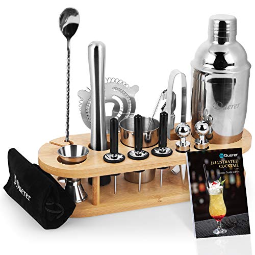 Duerer Bartender Kit con Supporto, Set da 23 Pezzi per Cocktail Shaker con Elegante Supporto in bambù, Martini Bartender Kit - Borsa da Trasporto in Velluto e Libretto di Ricette