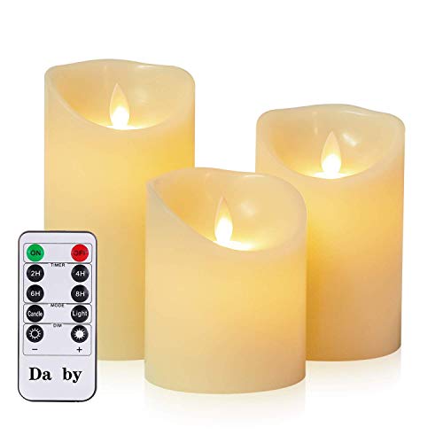 Candele LED di Da by, set Fiamma LED lampeggiante in 3 pezzi (10 cm, 12,8 cm, 15,2 cm), candele senza fiamma da 300 ore con telecomando a 10 tasti.[Classe di efficienza energetica A].