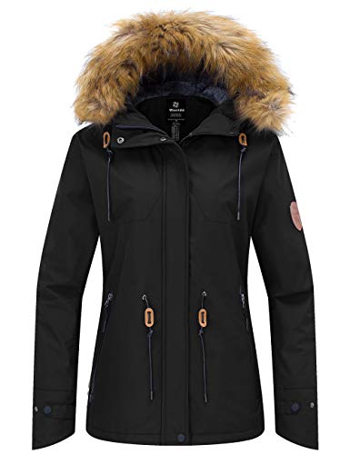 Wantdo Giacca da Sci Impermeabile Parka da Snowboard Antivento Cappotto da Montagna con Cappuccio con Pelliccia Giubbotto da Escursionismo Donna Nero XXL