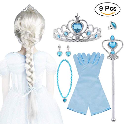 Vicloon Corona Principessa Bambina Bacchetta Magica, 9Pcs Set di Costumi per Ragazze Costume per Elsa, Corona Diadema, Guanti, Bacchetta Magica, Parrucca, Squillare e Orecchinoper Bambina 2-9 Anni