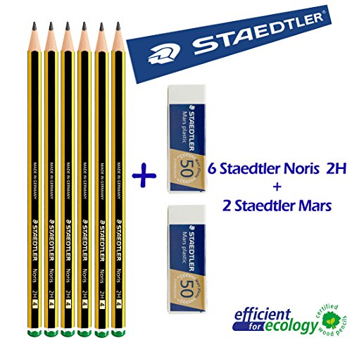 Staedtler Noris 120 2H - Matita in graffite - Set da 6 matite + 2 Gomme da cancellare Mars plastic Staedtler
