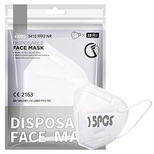 [15 PCS] Maschera facciale FFP2 / KN95, maschera FFP2 protettiva a 5 strati Certificata CE Alta capacità di filtrazione Taglia M/L Bianco
