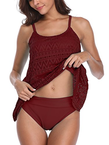 FLYILY Donna Swimwear Due Pezzi Costume Costumi da Bagno Donne Tankini Bikini Monokini Top Beachwear(Red,2XL)