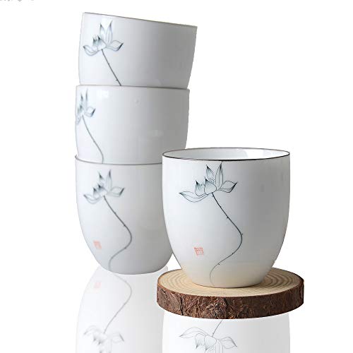 HwaGui-Tazze da tè in porcellana bianca a 4 pezzi, in tradizionale inchiostro cinese modello Lotus