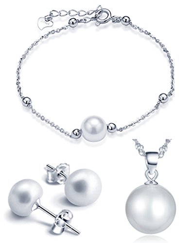 Yumilok - Collana di perle, argento sterling 925, braccialetto con charm, orecchini da buco, parure di gioielli catenina con ciondolo, bracciale, orecchini, set da donna/ragazza