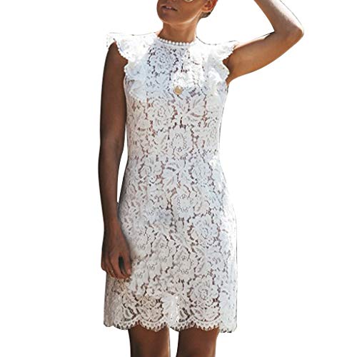 beetleNew Womens Dress Vestito da Donna in Pizzo, con Stampa Floreale, Senza Maniche, Scollo Rotondo, Smanicato, Estivo, Casual, Spiaggia, Festa, Cocktail, Sera, Mini Abito da Donna Bianco L