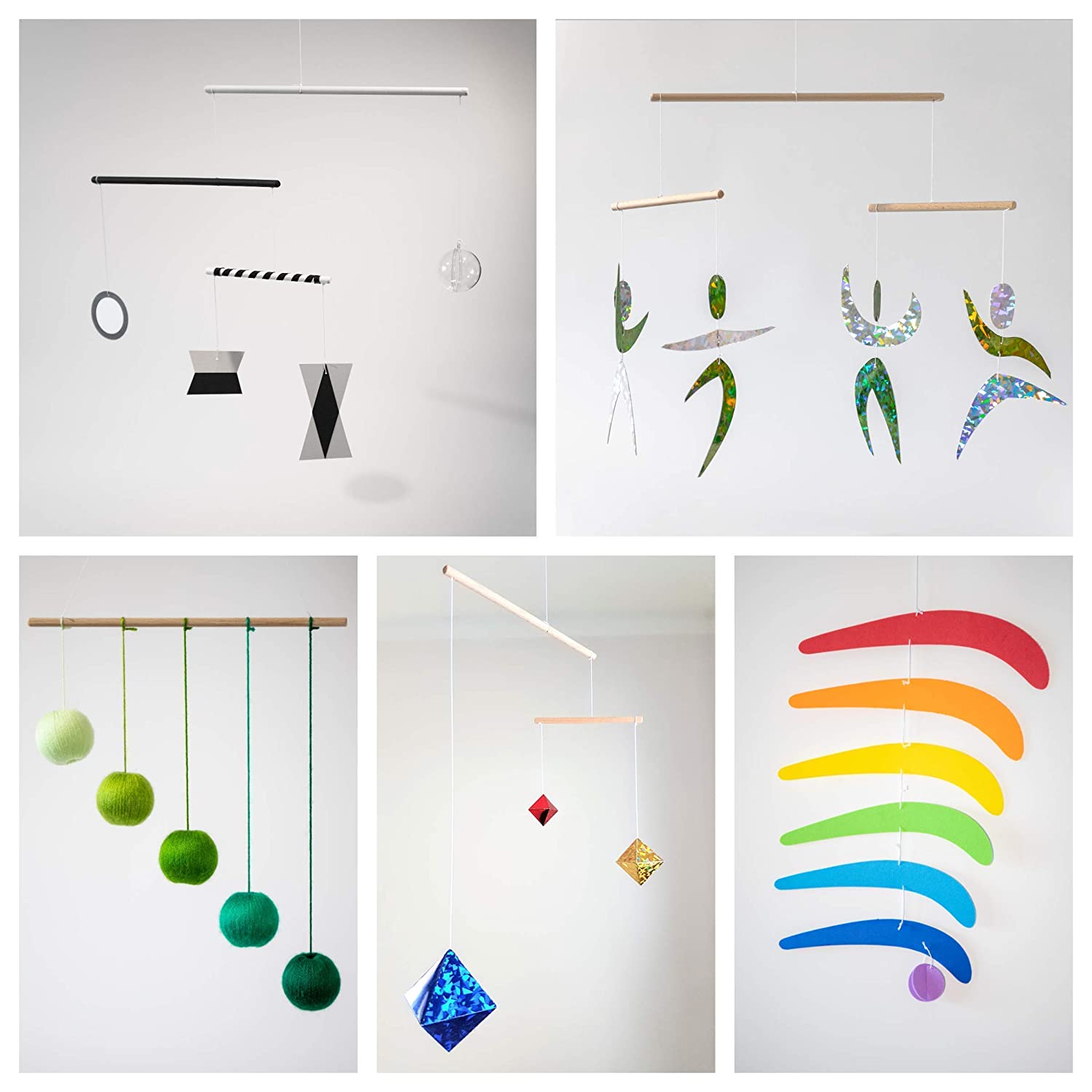 Set of 5 Montessori inspired mobiles - Black and white mobile, Green Gobbi, Dancers, Octahedron, Rainbow. Montessori mobile. Baby mobile. Hanging mobile. Crib toy.