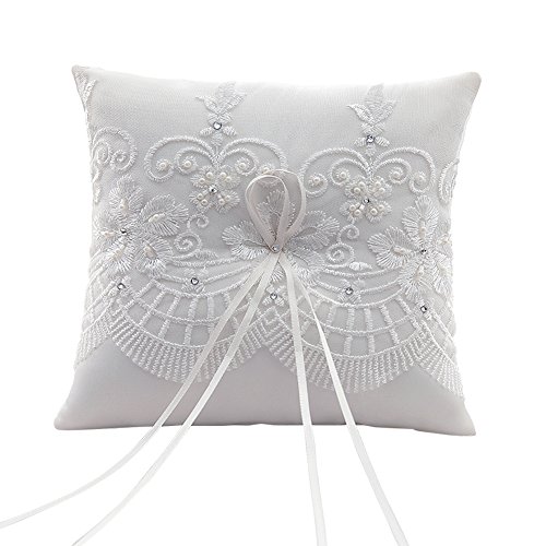 SwirlColor Bianco Crema Graceful Wedding Ring Pillow con Ricamo a Mano, 7,5 Pollici Quadrato (Piazza)