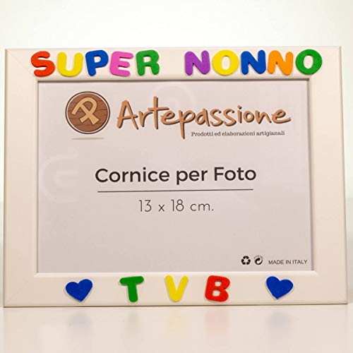 Cornici per foto in legno con la scritta Super Nonno TVB e decorata con cuoricini, da appoggiare o appendere, misura 13x18 cm Bianca. Ideale per regalo e ricordo.