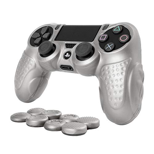 Custodia in Pelle per Controller PS4 CHINFAI con 8 Prese per Il Pollice, Custodia Protettiva in Silicone per Impugnatura in Silicone Antiscivolo per Controller Sony PS4 / Slim/PRO (Argento)