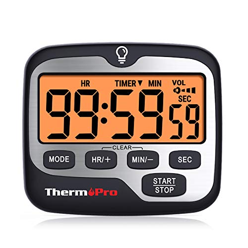 ThermoPro TM01 Timer da Cucina Digitale con Conto alla Rovescia e Cronometro Timer Orologio Magnetico con Sveglia ad Alto Volume Regolabile e Ampio Display LCD Retroilluminato